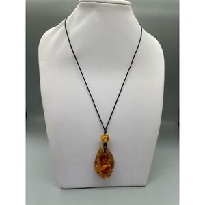Teardrop Amber Pendant Necklace Adjustable Cord Gold Tone Heart Charm